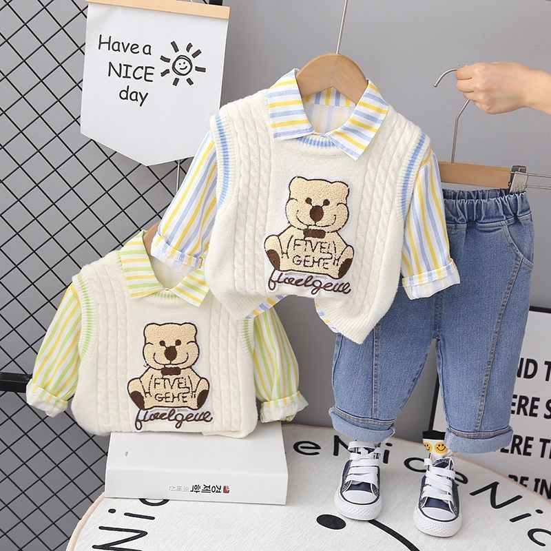P Boys Spring Knitted Baby Shirt Boys Autumn and Winter Shirt Boys Baby Long Sleeve Three-piece Set Children
