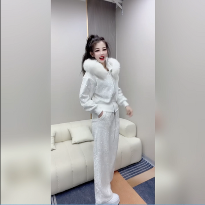 P wearing galaxy outer wear European new French heavy industry sequins winter hooded fashion two-piece set high-end