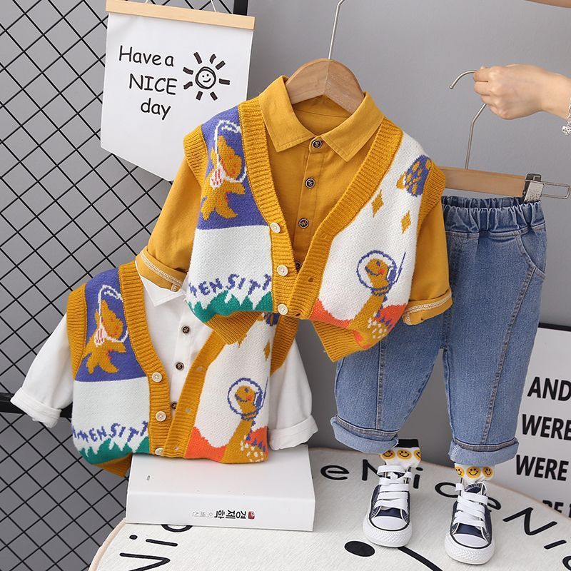 P Boys Spring Knitted Baby Shirt Boys Autumn and Winter Shirt Boys Baby Long Sleeve Three-piece Set Children