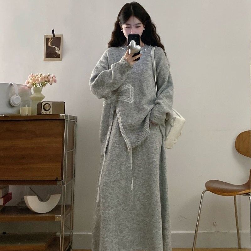 P bow sweater skirt two-piece set