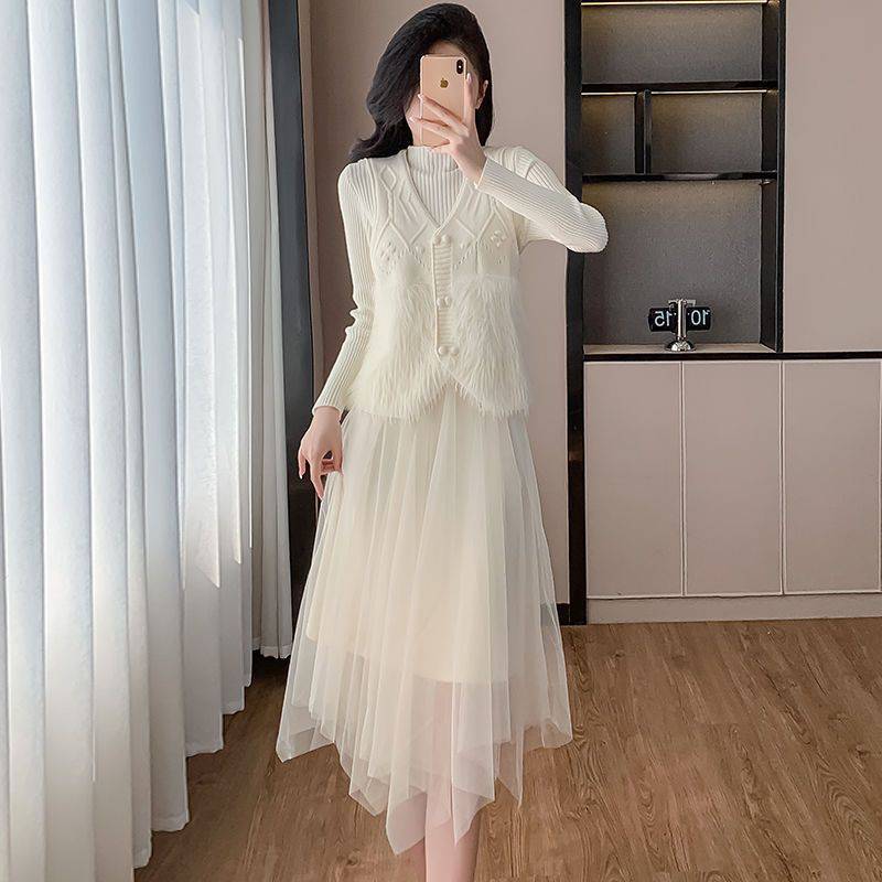 P knitted vest mesh dress two-piece set