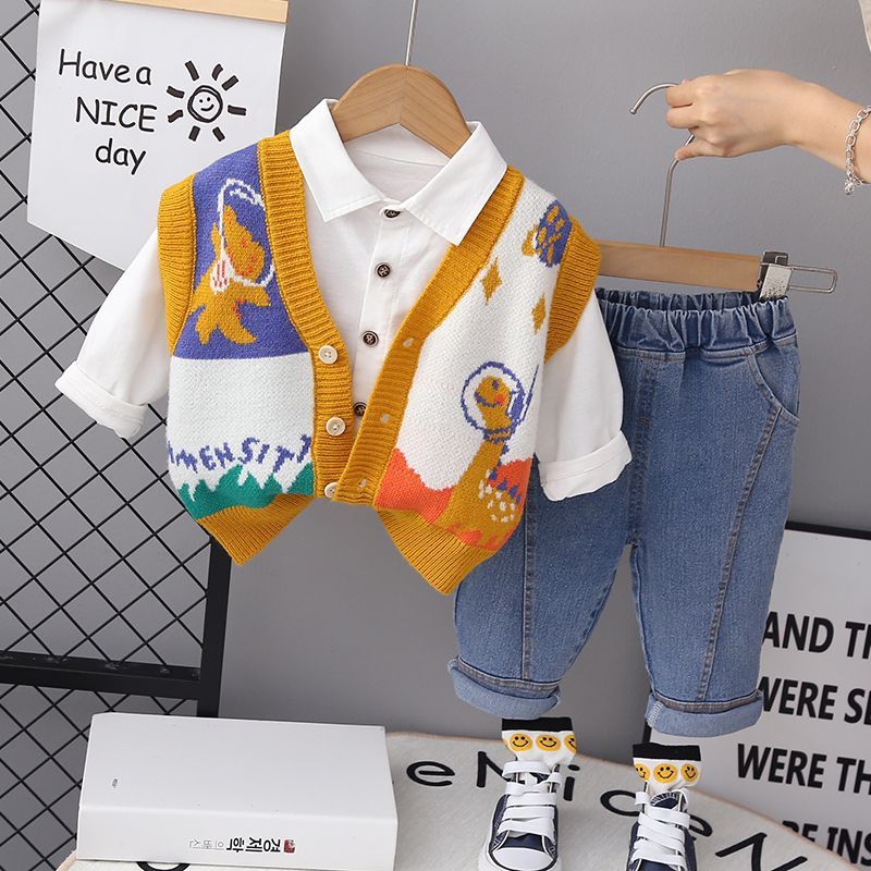 P Boys Spring Knitted Baby Shirt Boys Autumn and Winter Shirt Boys Baby Long Sleeve Three-piece Set Children