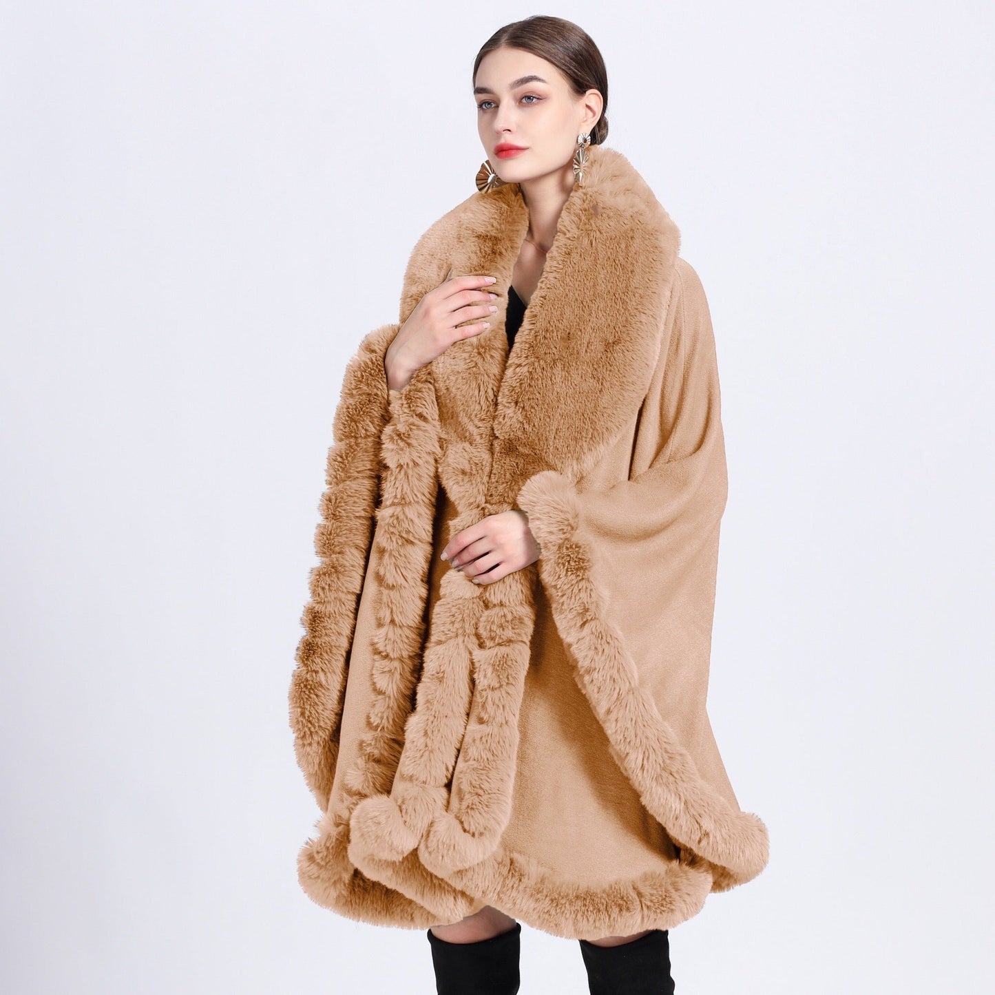 A European and American autumn and winter new imitation Rex rabbit fur collar cape large size knitted cardigan loose coat women