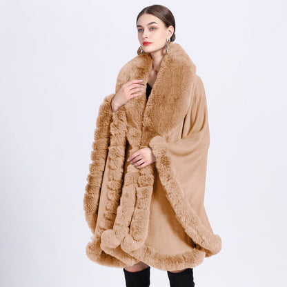 A European and American autumn and winter new imitation Rex rabbit fur collar cape large size knitted cardigan loose coat women