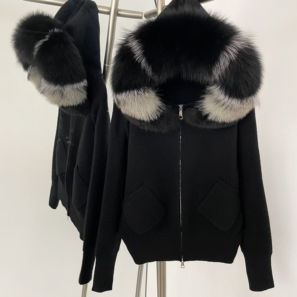 A autumn and winter new knitted sweater women's Korean version removable oversized real fox fur collar hooded knitted cardigan jacket