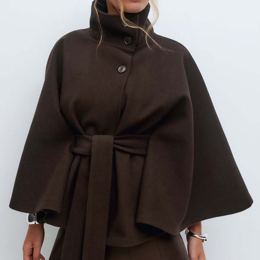 A cape stand-up collar button-down belt coat