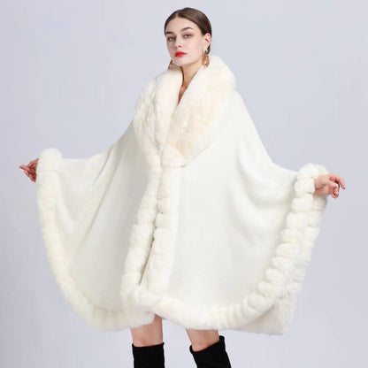 A European and American autumn and winter new imitation Rex rabbit fur collar cape large size knitted cardigan loose coat women