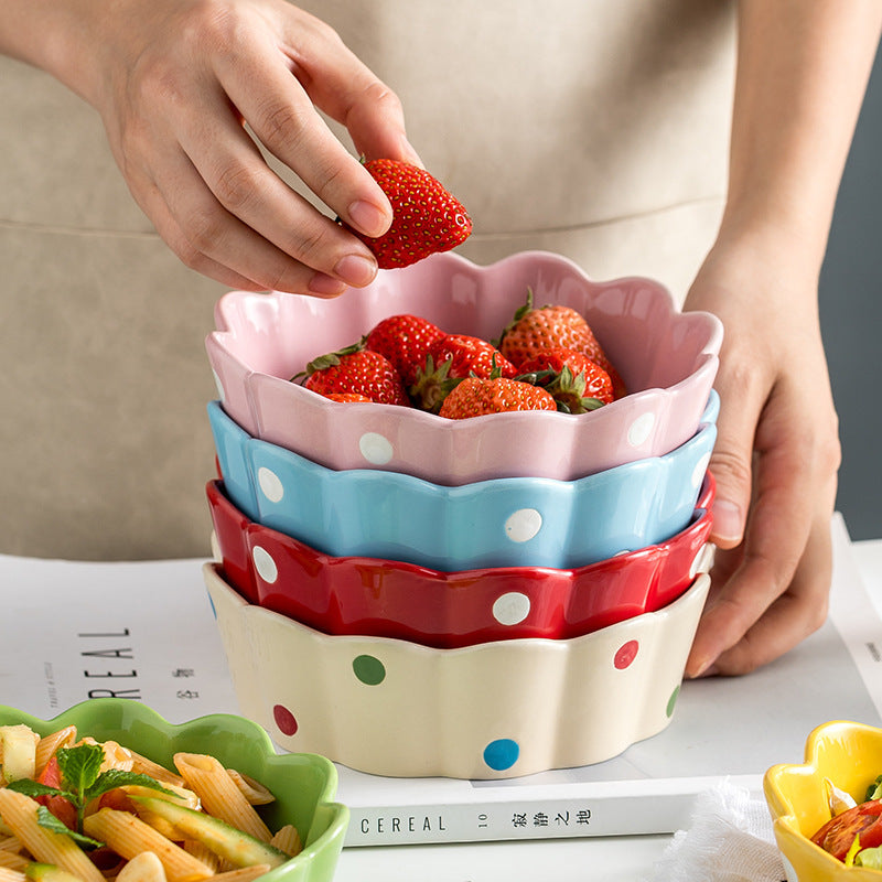 A polka dot ceramic bowl