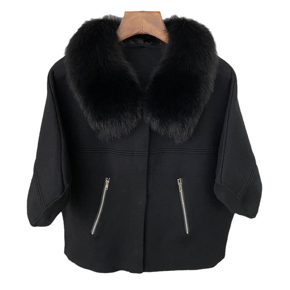 A autumn and winter new women's short knitted sweater real fox fur collar fashion bat sleeve cardigan jacket Korean version loose