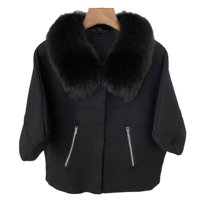 A autumn and winter new women's short knitted sweater real fox fur collar fashion bat sleeve cardigan jacket Korean version loose