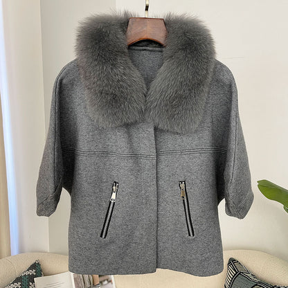 A autumn and winter new women's short knitted sweater real fox fur collar fashion bat sleeve cardigan jacket Korean version loose