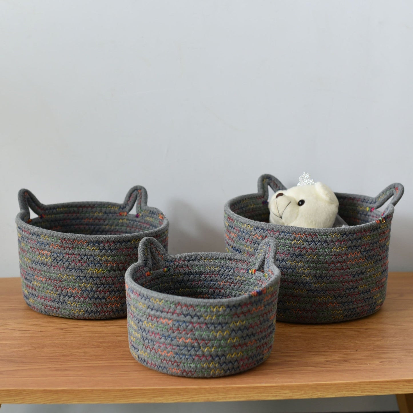 A woven fabric storage basket