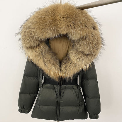 A fur collar hooded white duck down jacket