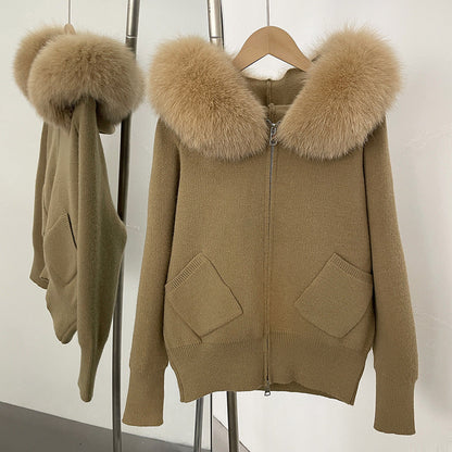 A autumn and winter new knitted sweater women's Korean version removable oversized real fox fur collar hooded knitted cardigan jacket