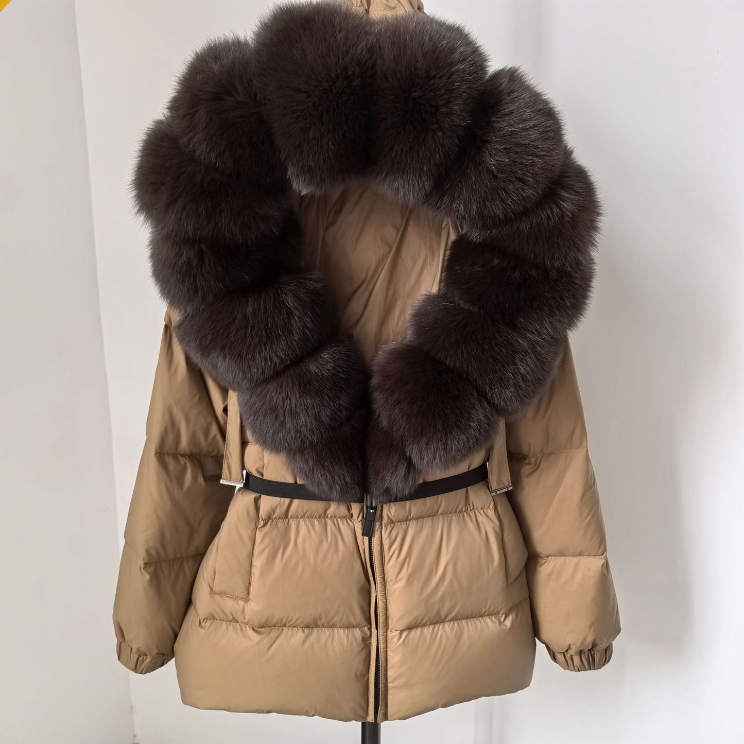 A fur collar hooded white duck down jacket