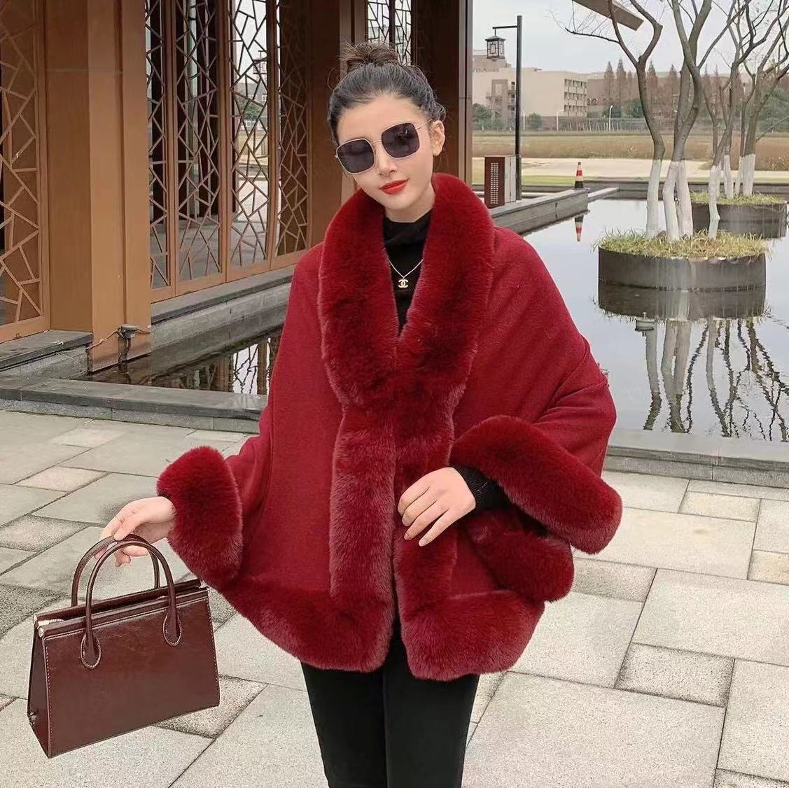 A autumn and winter new imitation Rex rabbit fur collar shawl cape large size women's knitted cardigan loose shawl jacket