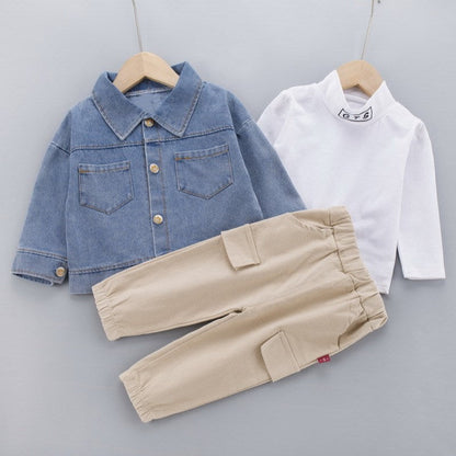 A children's clothing autumn new boys and girls denim jacket three-piece cotton T blood trousers set