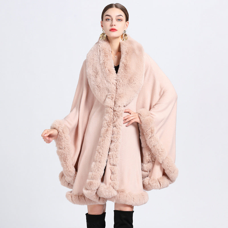 A European and American autumn and winter new imitation Rex rabbit fur collar cape large size knitted cardigan loose coat women