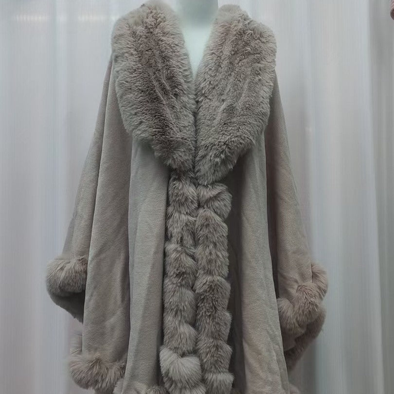 A Rabbit fur large lapel handmade wool cross-border European and American knitted imitation cashmere cardigan large size shawl cape