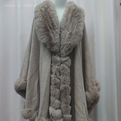 A Rabbit fur large lapel handmade wool cross-border European and American knitted imitation cashmere cardigan large size shawl cape
