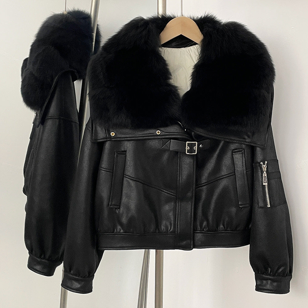 A winter new short real fox fur collar suede fur jacket female Korean version fur integrated down liner