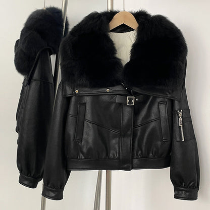 A winter new short real fox fur collar suede fur jacket female Korean version fur integrated down liner