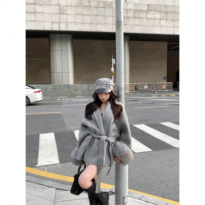 A strap, hairy sleeves, thin Hepburn woolen coat, women's autumn and winter woolen temperament, new product sense, thin coat, slim fit