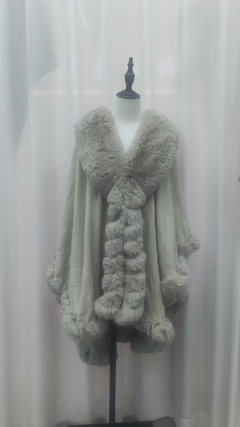 A Rabbit fur large lapel handmade wool cross-border European and American knitted imitation cashmere cardigan large size shawl cape