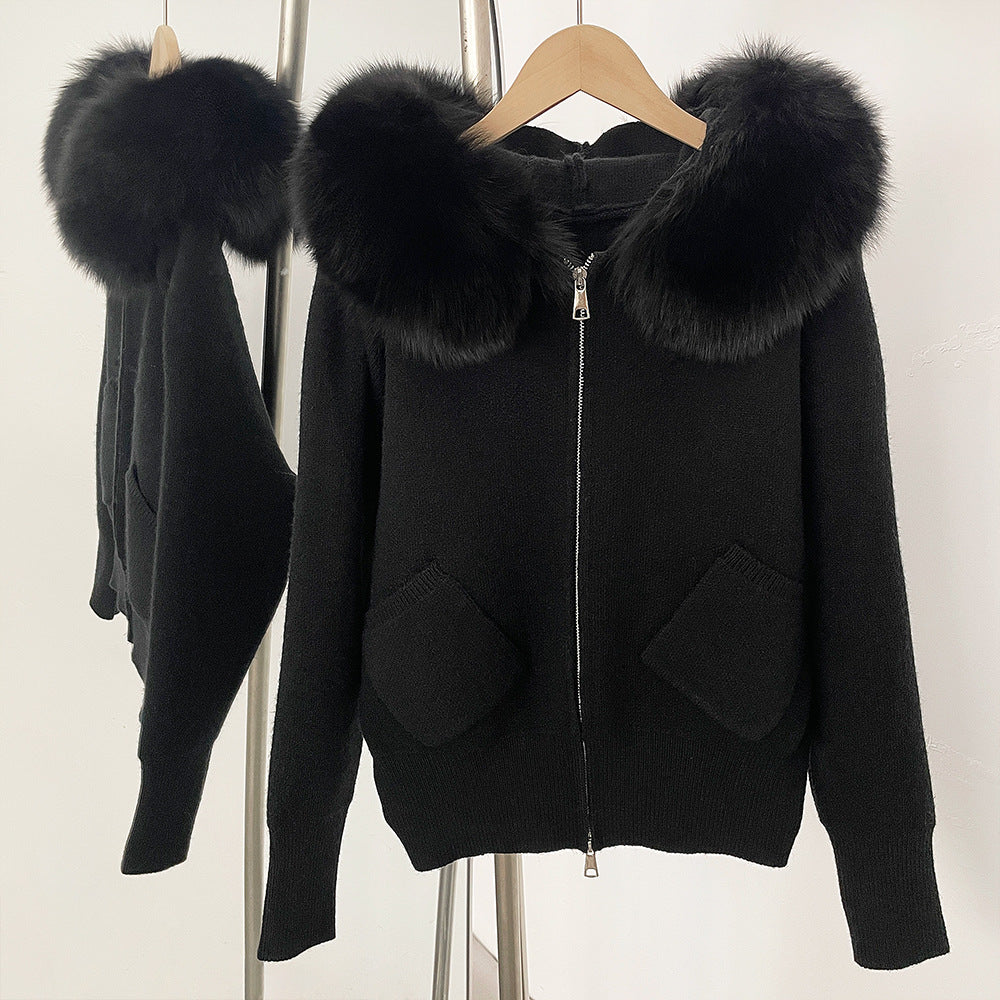 A autumn and winter new knitted sweater women's Korean version removable oversized real fox fur collar hooded knitted cardigan jacket