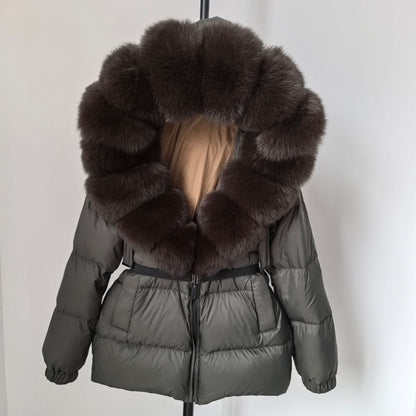A fur collar hooded white duck down jacket