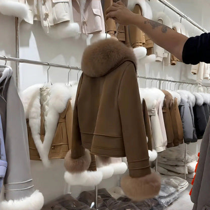 A fur-collared suede jacket