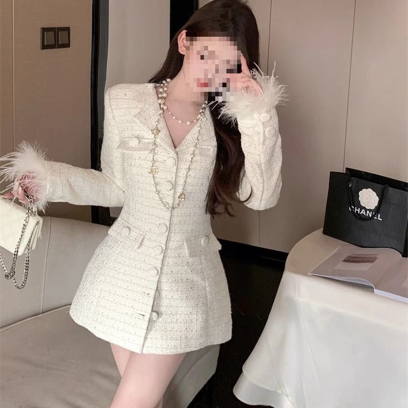 A Xiaoxiangfeng woven blazer women's autumn feeling new slim-fitting medium and long fluffy splicing top