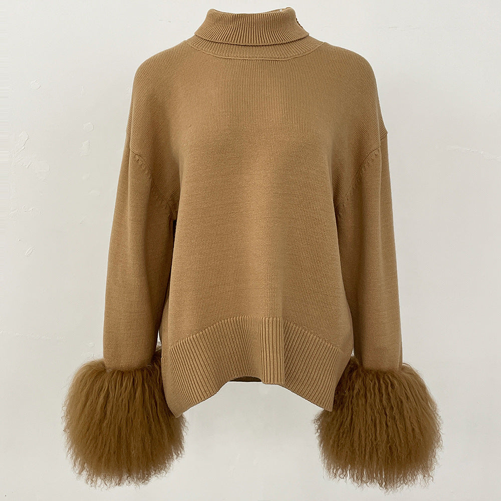 A popular thickened knitted sweater autumn and winter new loose high-necked real fox cuff sweater women