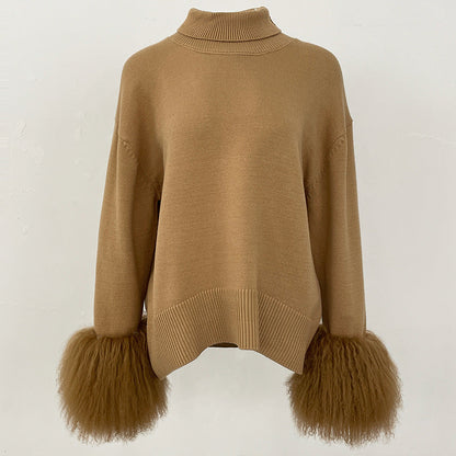A popular thickened knitted sweater autumn and winter new loose high-necked real fox cuff sweater women