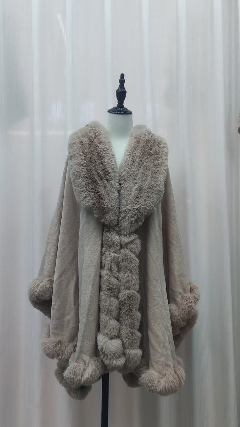 A Rabbit fur large lapel handmade wool cross-border European and American knitted imitation cashmere cardigan large size shawl cape