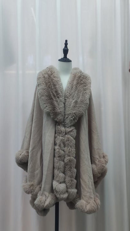 A Rabbit fur large lapel handmade wool cross-border European and American knitted imitation cashmere cardigan large size shawl cape