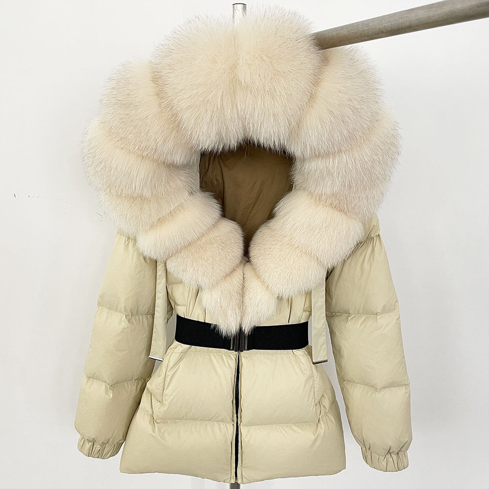 A fur collar hooded white duck down jacket