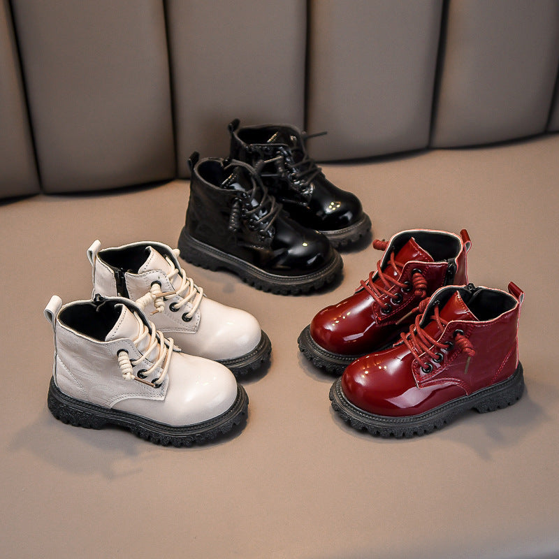 A Children's Martin Boots Patent Leather Short Boots Girls' Boots Boys' Children's Leather Boots Foreign Trade Soft Sole Single Boots Thickened Warm