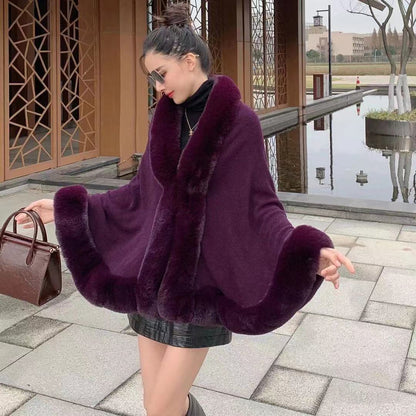 A autumn and winter new imitation Rex rabbit fur collar shawl cape large size women's knitted cardigan loose shawl jacket