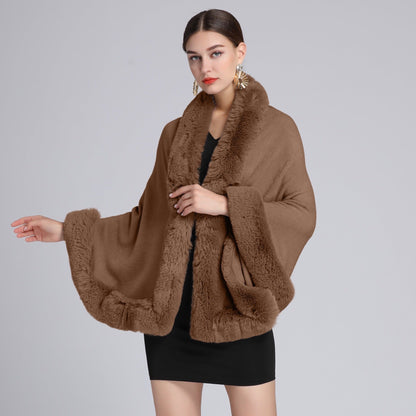A autumn and winter new imitation Rex rabbit fur collar shawl cape large size women's knitted cardigan loose shawl jacket
