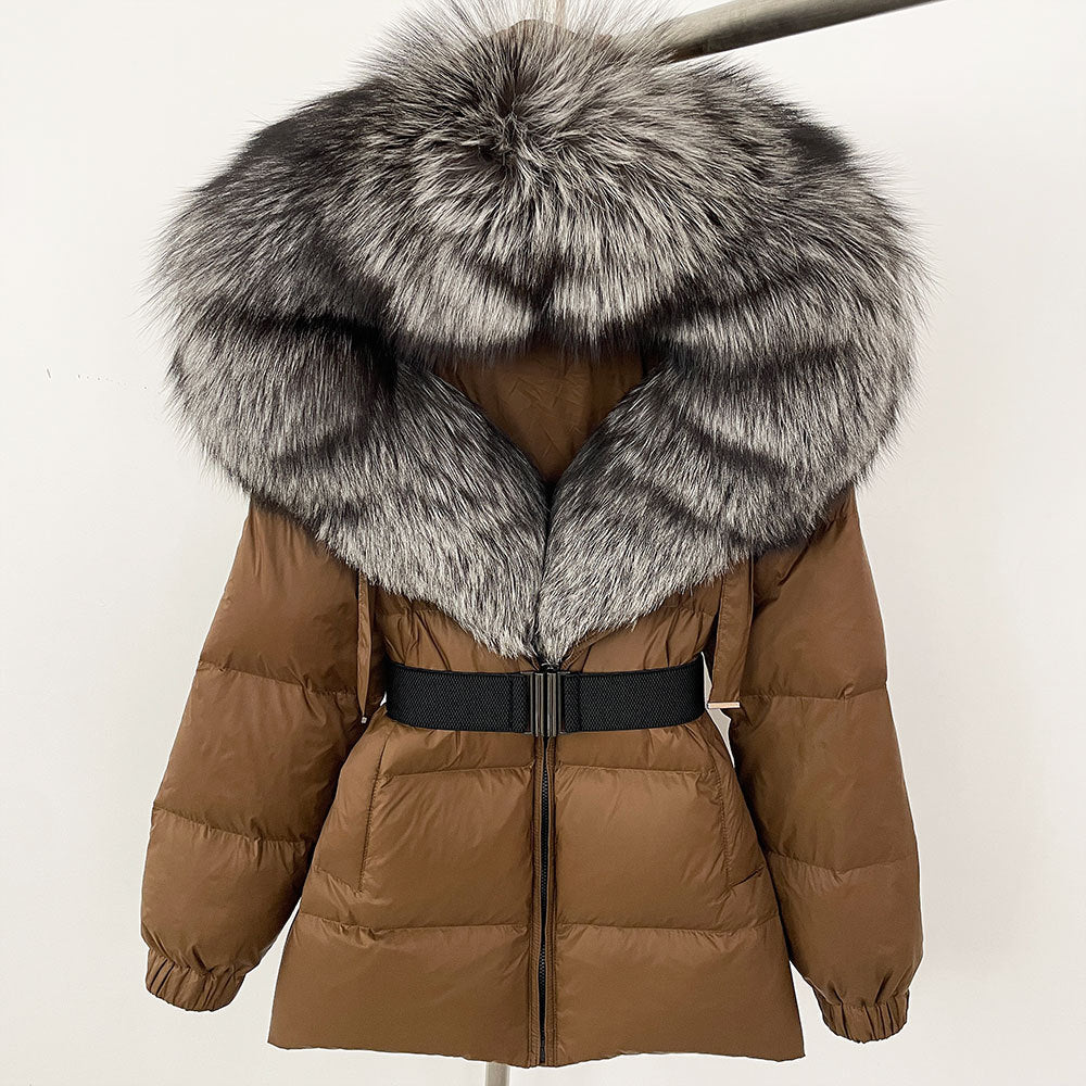 A fur collar hooded white duck down jacket