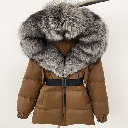A fur collar hooded white duck down jacket