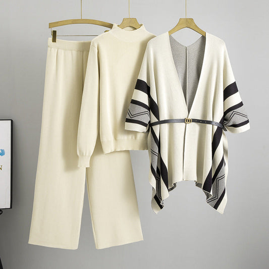 A knitted shawl sweater pants three-piece set