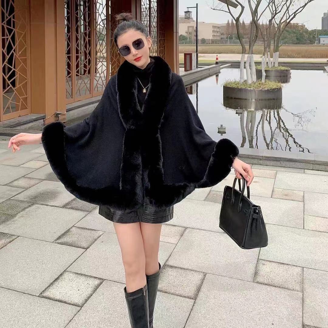 A autumn and winter new imitation Rex rabbit fur collar shawl cape large size women's knitted cardigan loose shawl jacket