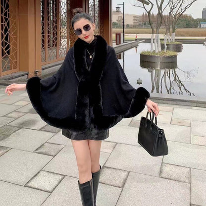 A autumn and winter new imitation Rex rabbit fur collar shawl cape large size women's knitted cardigan loose shawl jacket
