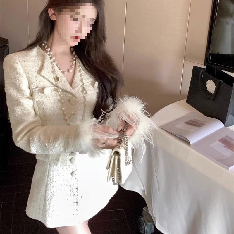 A Xiaoxiangfeng woven blazer women's autumn feeling new slim-fitting medium and long fluffy splicing top