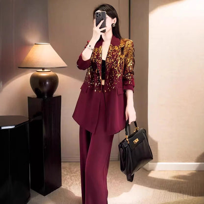 A autumn women's clothing commuting light wear, slightly fat and thin Angola red sequined suit wide-leg pants two-piece suit