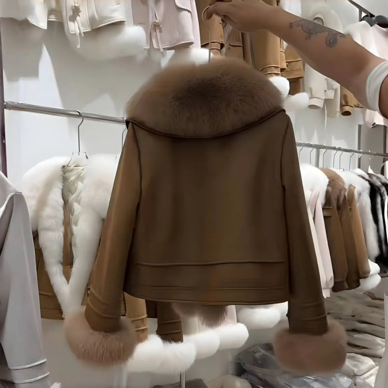 A fur-collared suede jacket