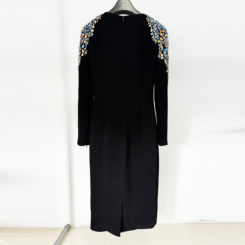 A Heavy Industry Bead Diamond Long Sleeve Medium and Long Dress