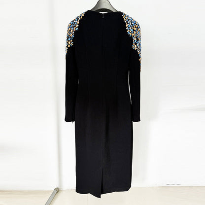 A Heavy Industry Bead Diamond Long Sleeve Medium and Long Dress